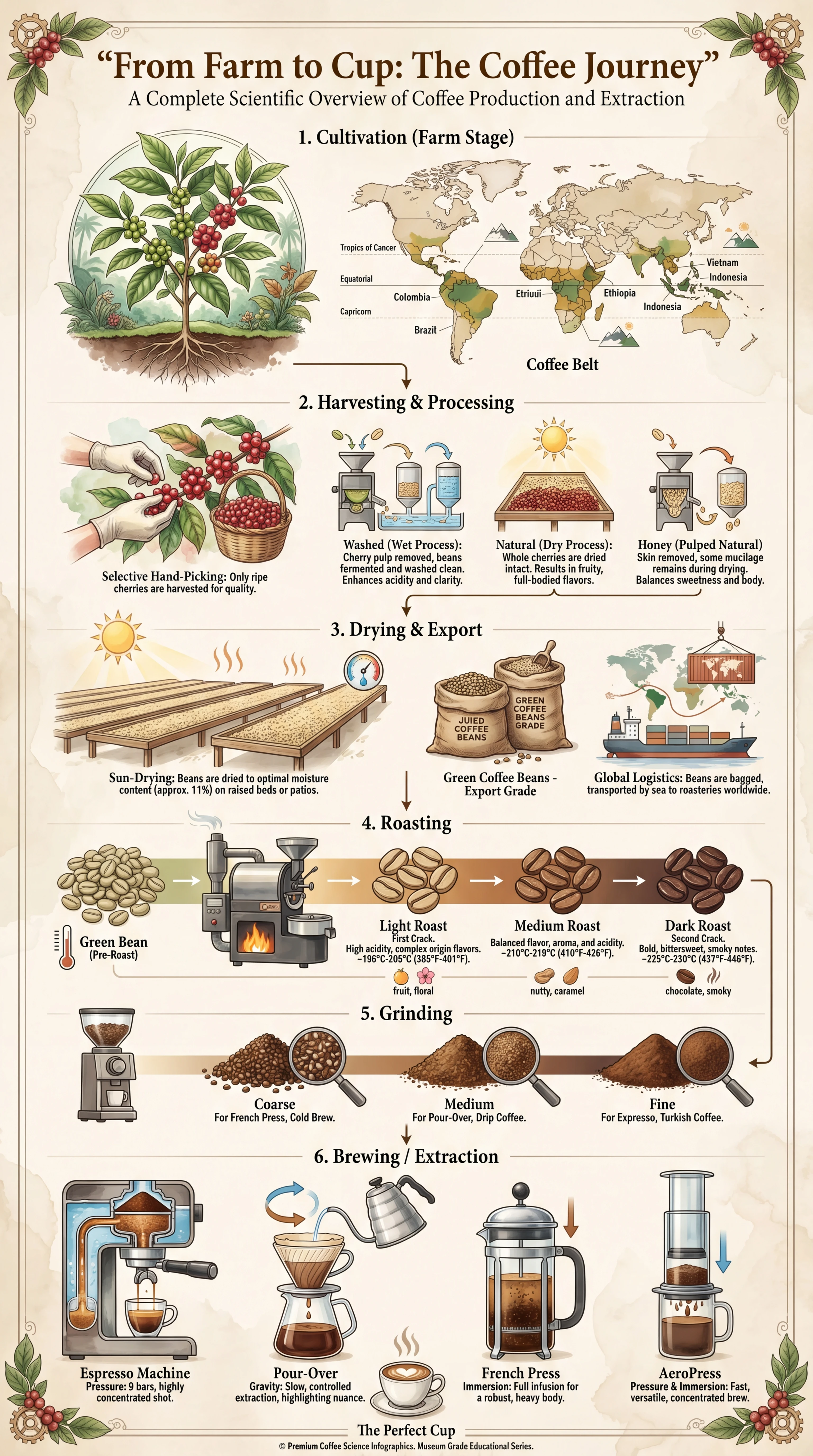 Scientific infographic of the complete coffee journey process