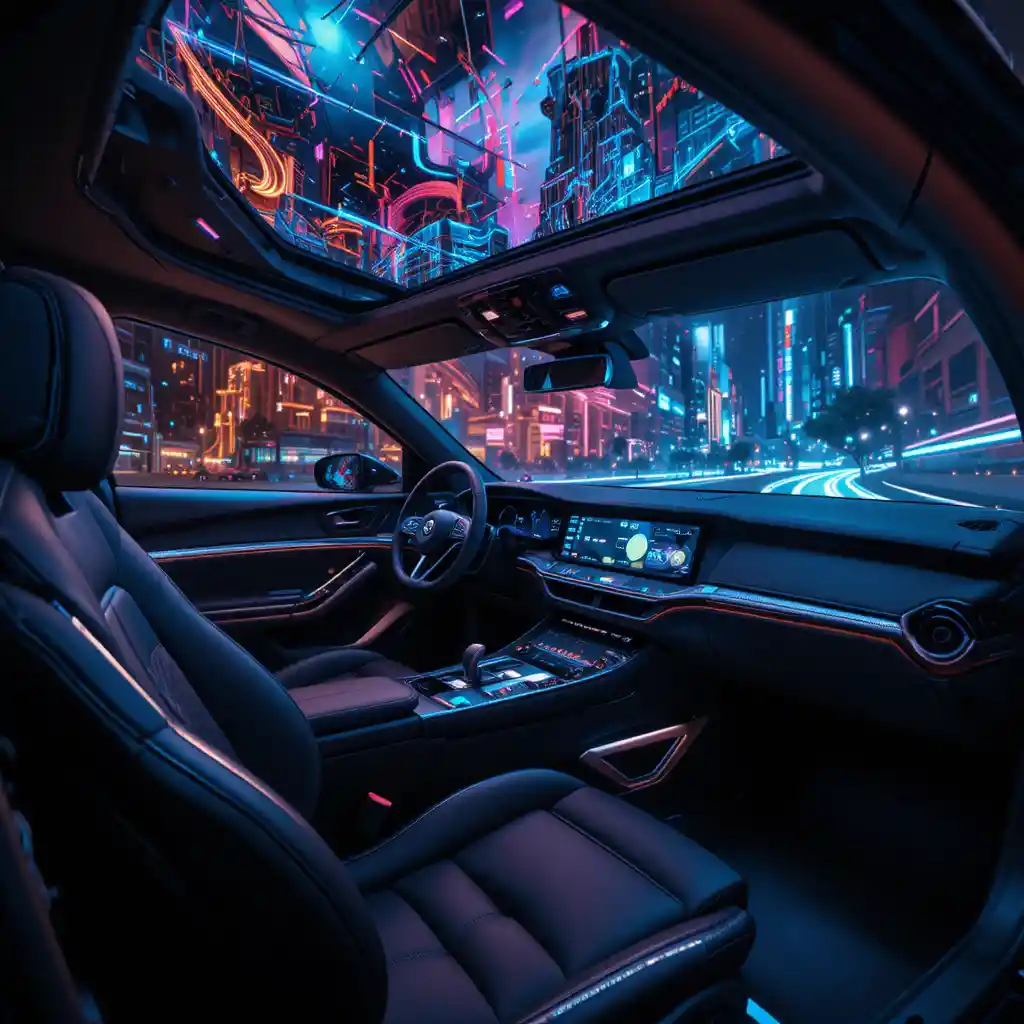 Futuristic electric car cockpit with holographic digital display