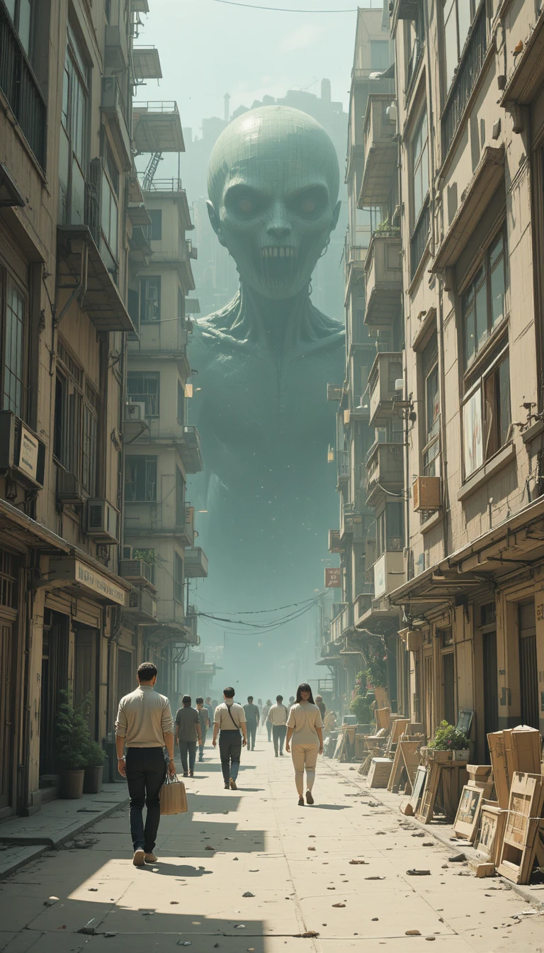 Surreal city scene where people ignore impossible spatial distortions