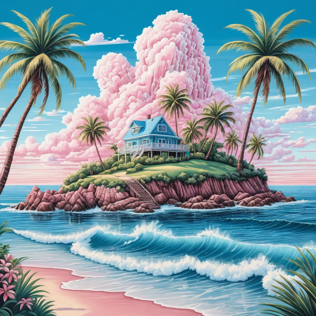 Colorful tropical island with waves under a bright blue sky