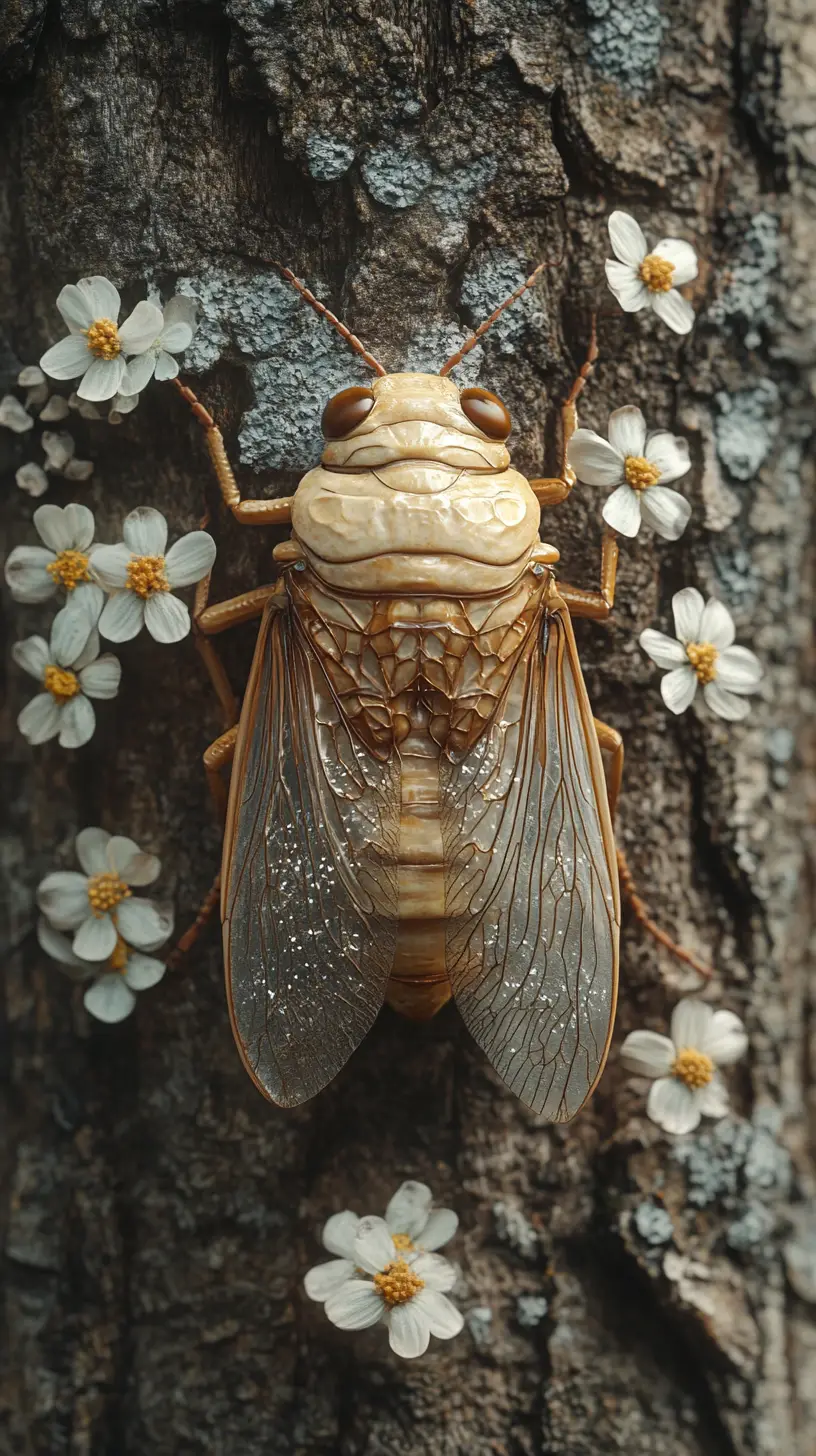 Cute glowing cicada resting on tree bark in forest