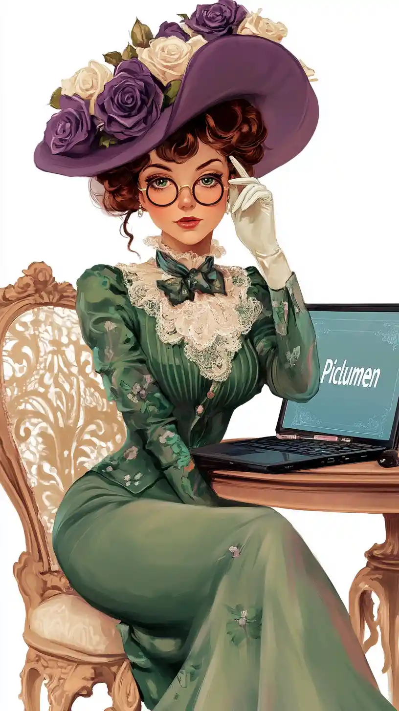 Dame victorienne avec ordinateur portable en illustration isométrique douce
