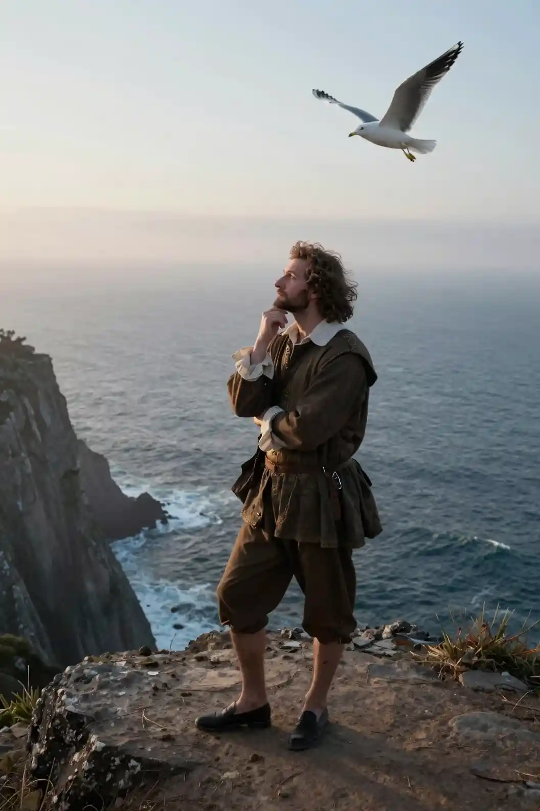 Thoughtful man on a windswept cliff at sunrise