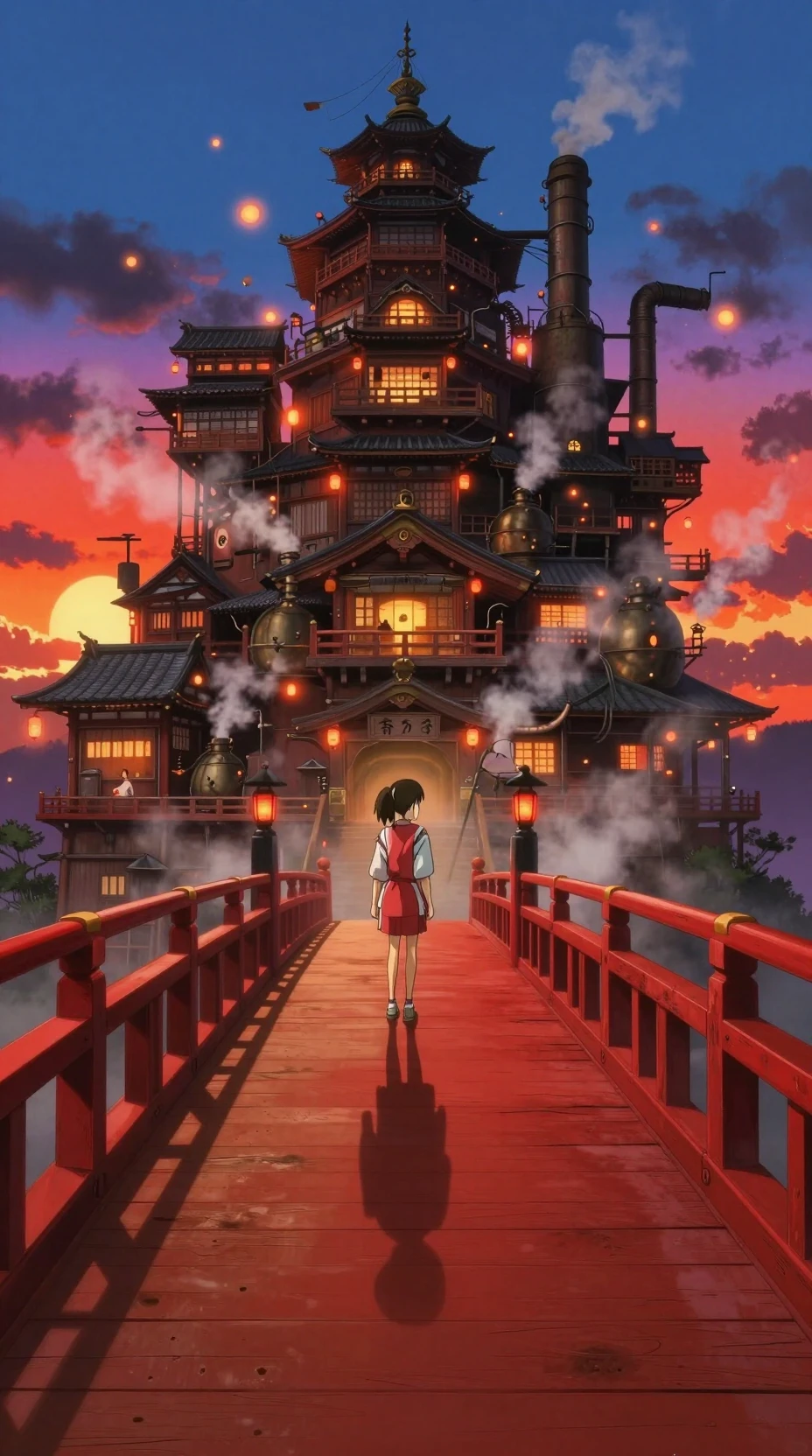 Chica de anime en puente rojo frente a enorme casa de baños al atardecer