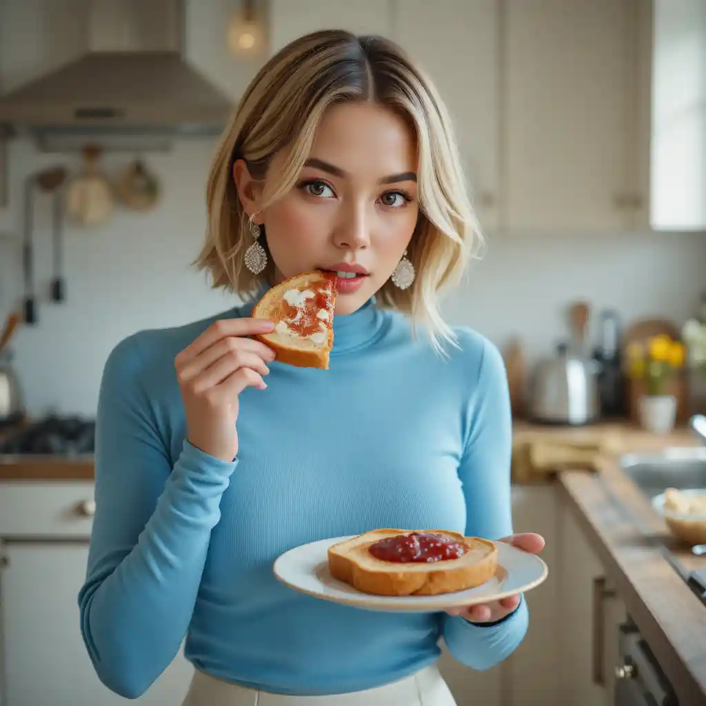 Woman eating toast with jam in a modern kitchen