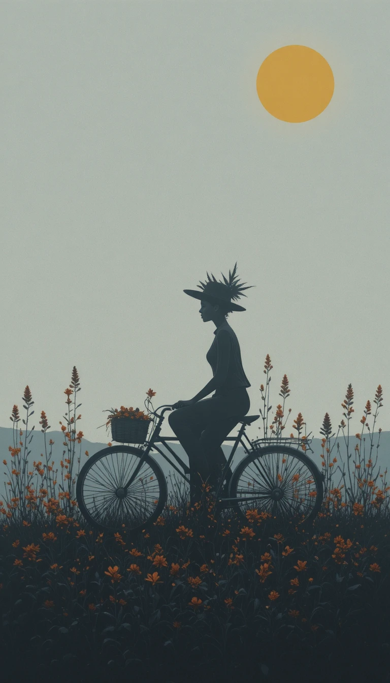 Minimal silhouette girl cycling through an aloe meadow