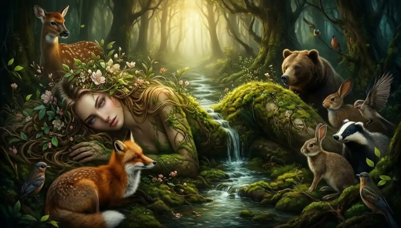 Soft portrait of a woman with flowers and forest background