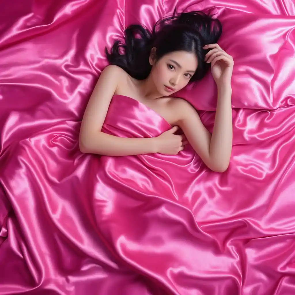Japanese woman lying on hot pink satin bed sheets