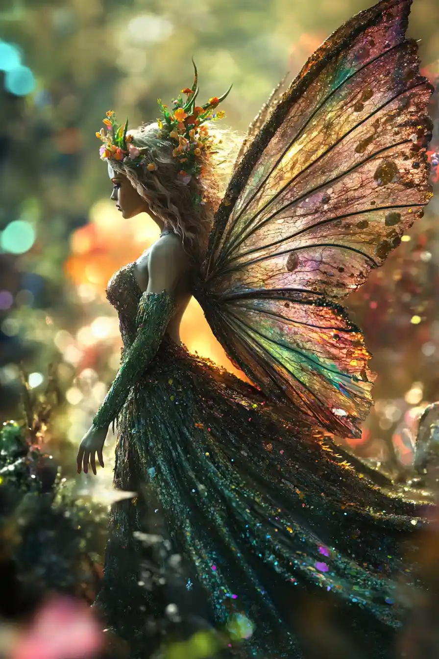 Abstract cyborg fae woman walking through a colorful garden