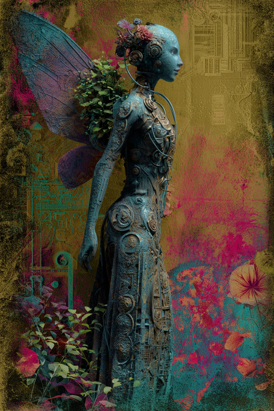 Abstract cyborg fae woman walking in a colorful garden