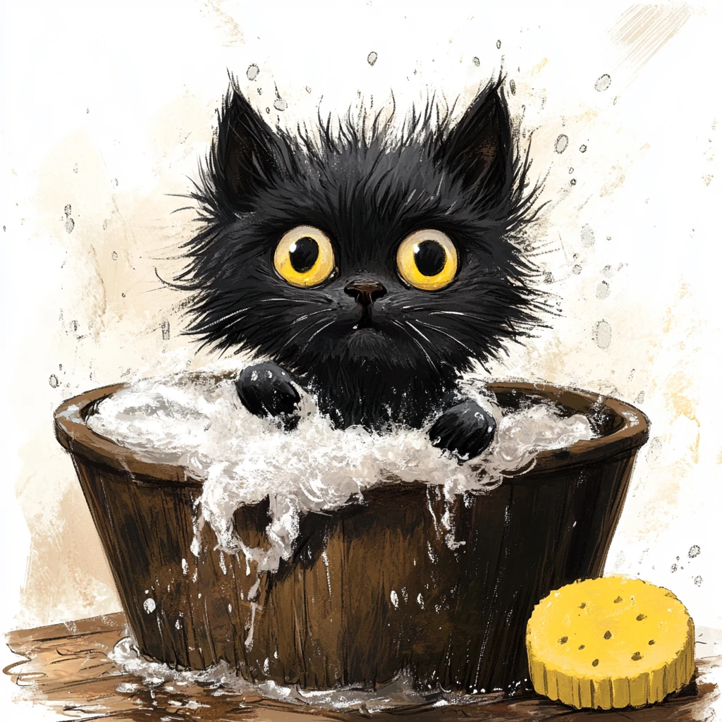 Black kitten in a wooden tub during a whimsical bath