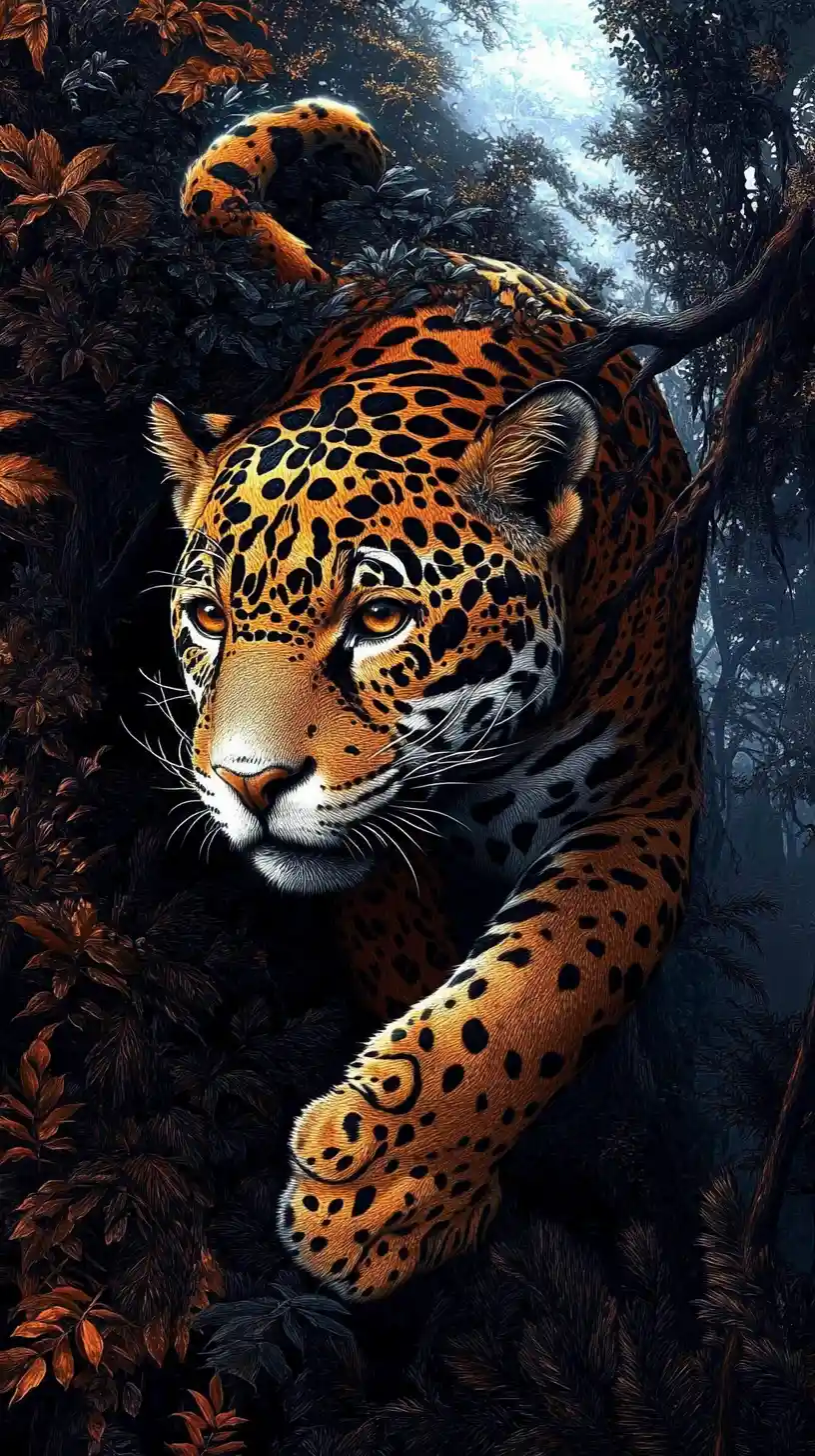 Close up jaguar portrait with golden coat and jungle shadows