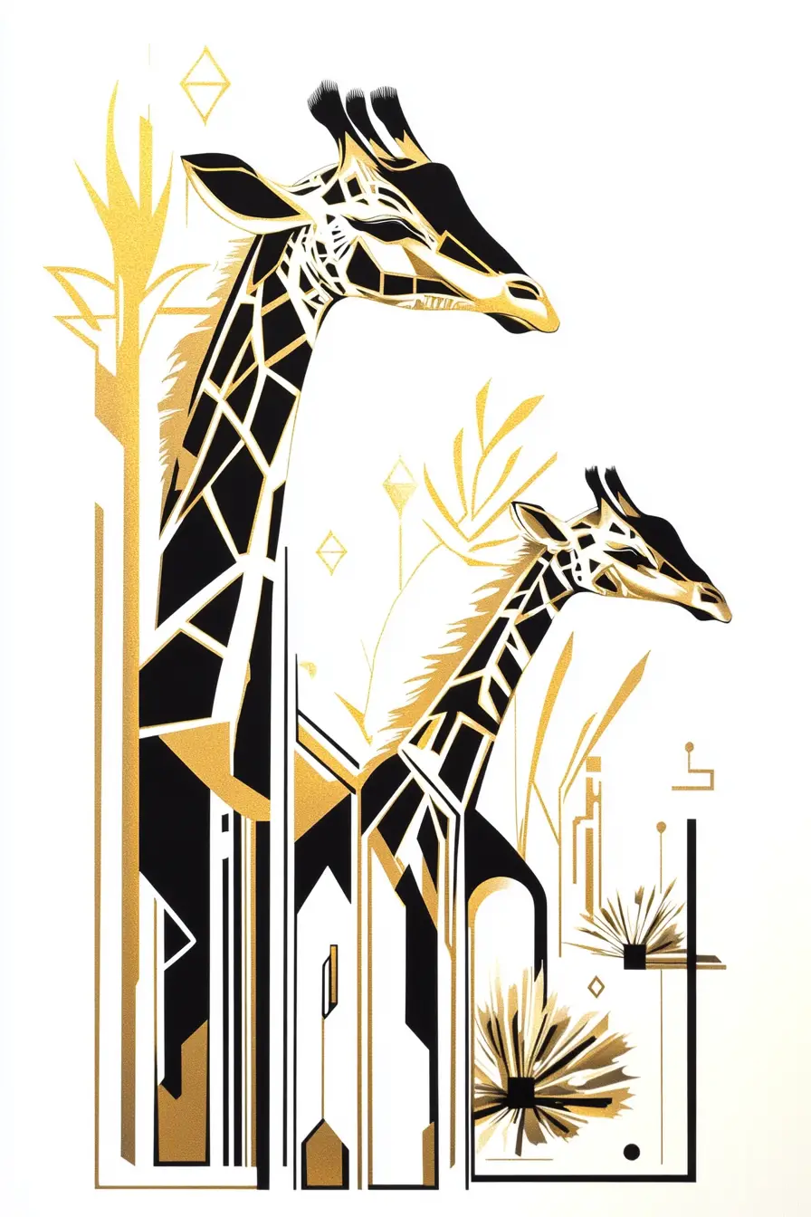 Art Deco giraffe illustration in gold black and white