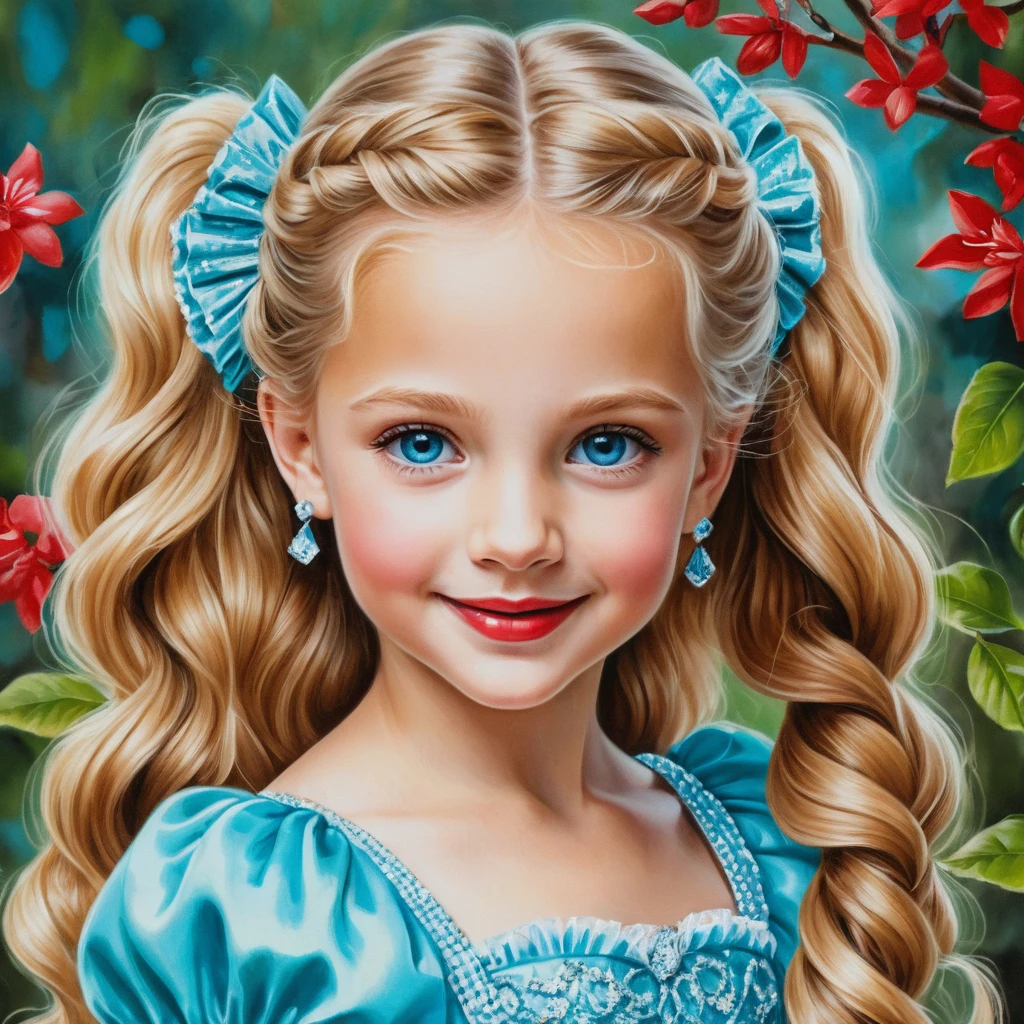 Smiling blonde girl with squirrel in aqua blue ruffled dress