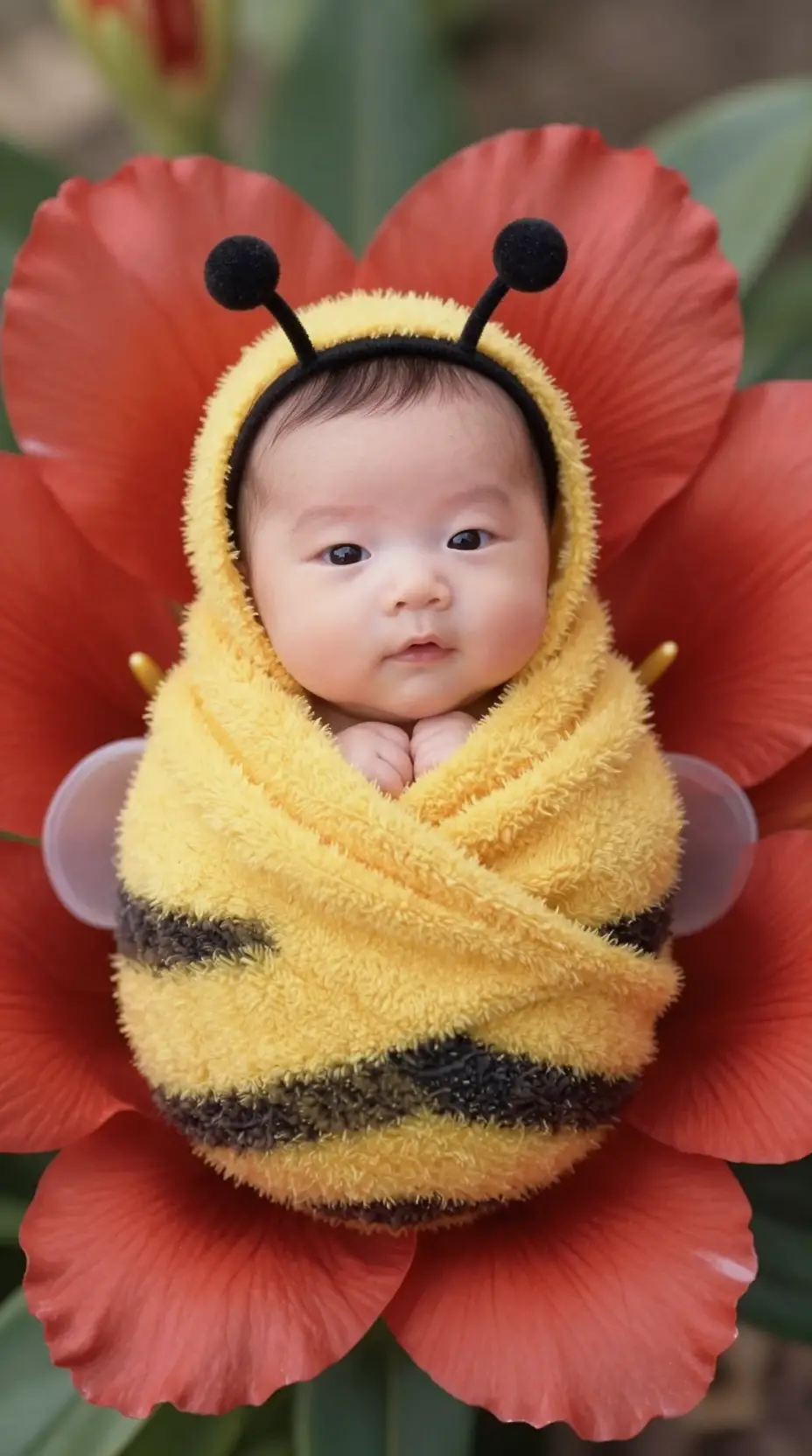 Dolce bebè vestito da piccola ape in un fiore