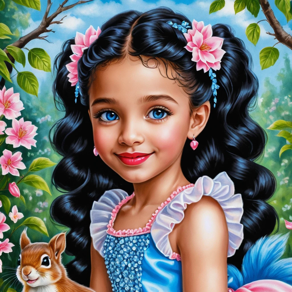 Smiling blue eyed girl with long dark hair in pink dress