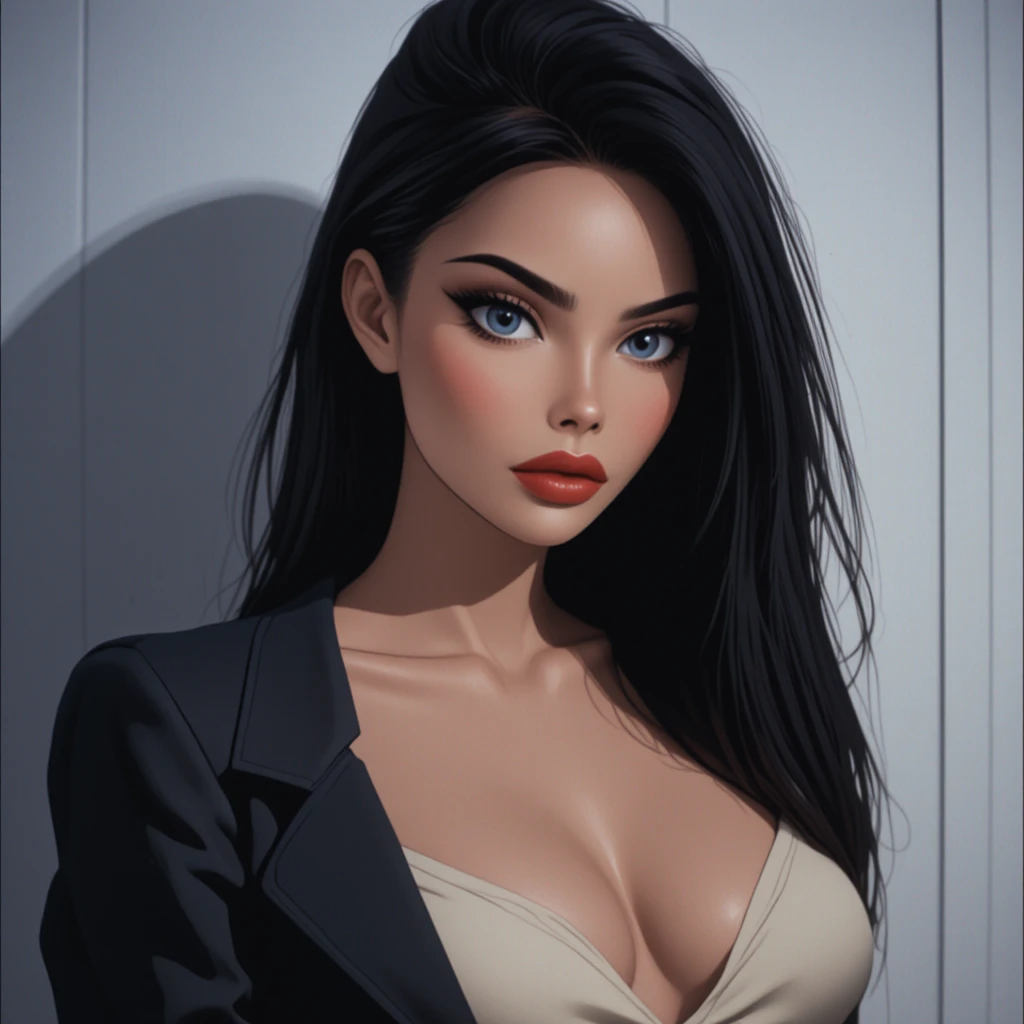 Glamorous woman in black jacket against plain white wall