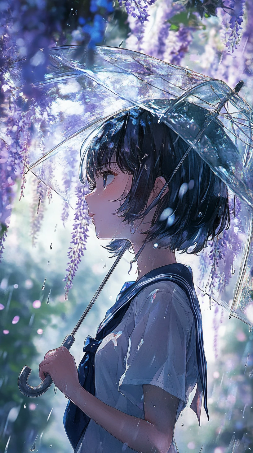 Anime girl under wisteria rain with transparent umbrella