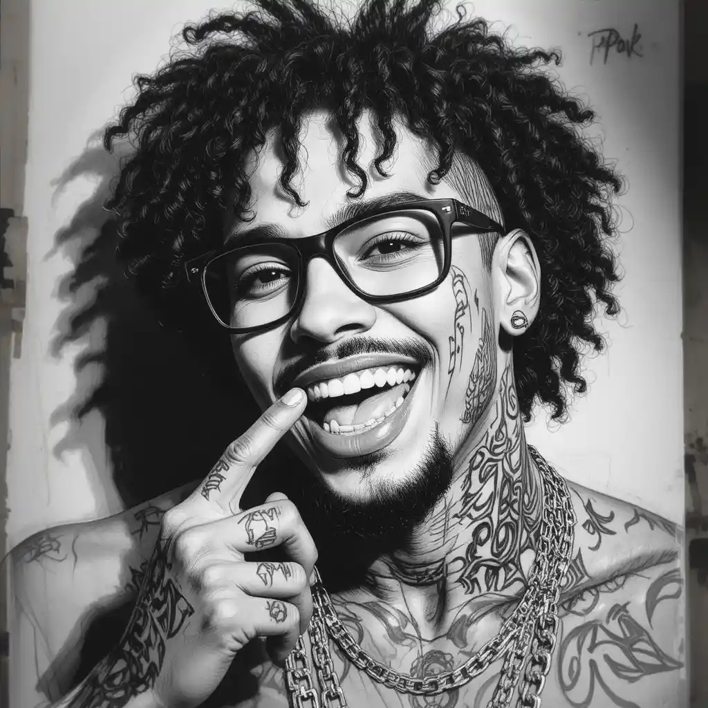 Pencil portrait of a smiling man with glasses and tattoos