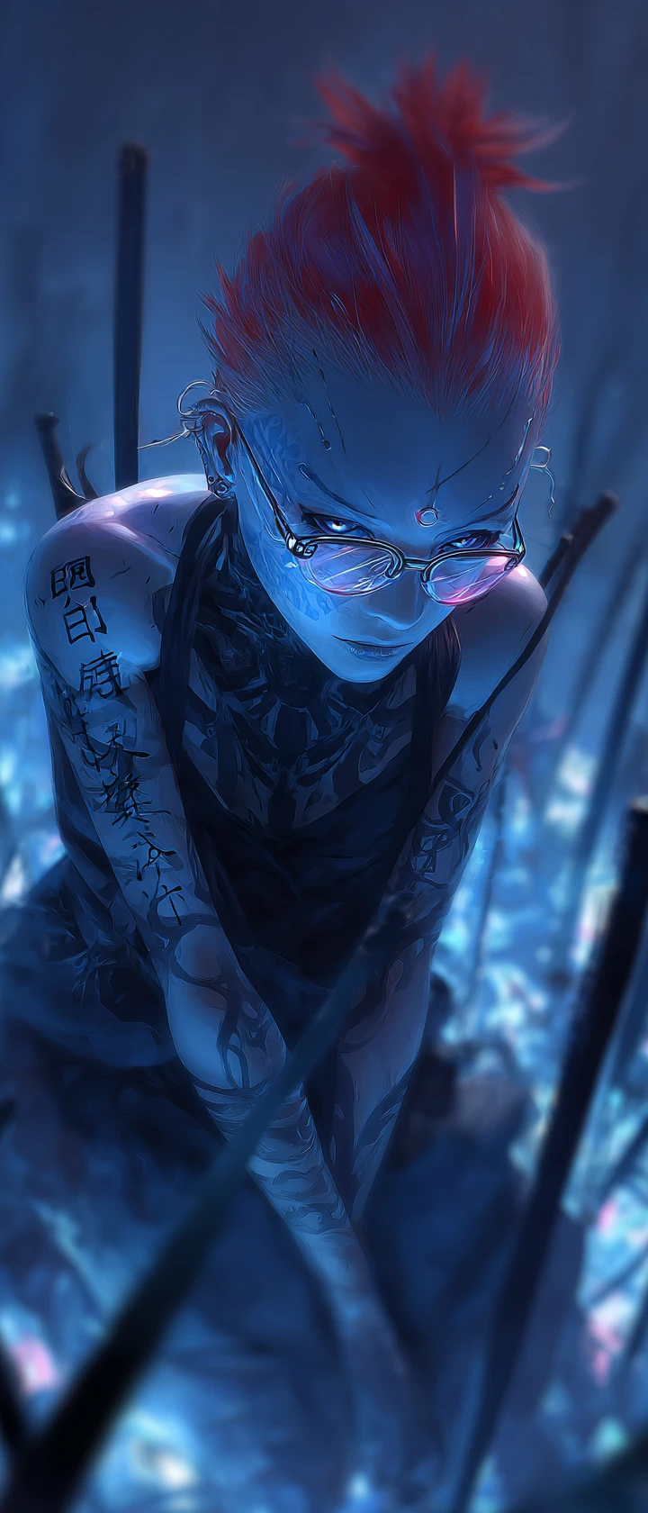 Guerrero cyberpunk con runas brillantes en un paisaje urbano de neón