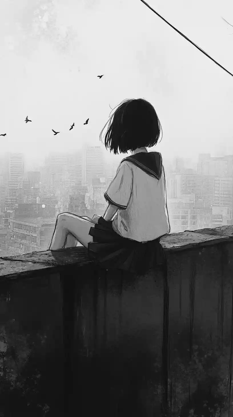 Anime schoolgirl on a quiet rooftop above hazy gray city