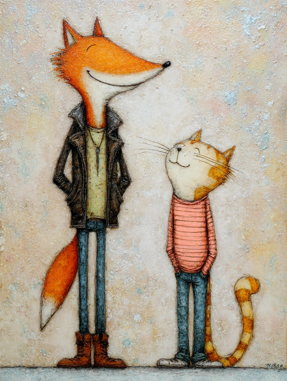 Fox and tabby cat chatting in whimsical mixed media painting