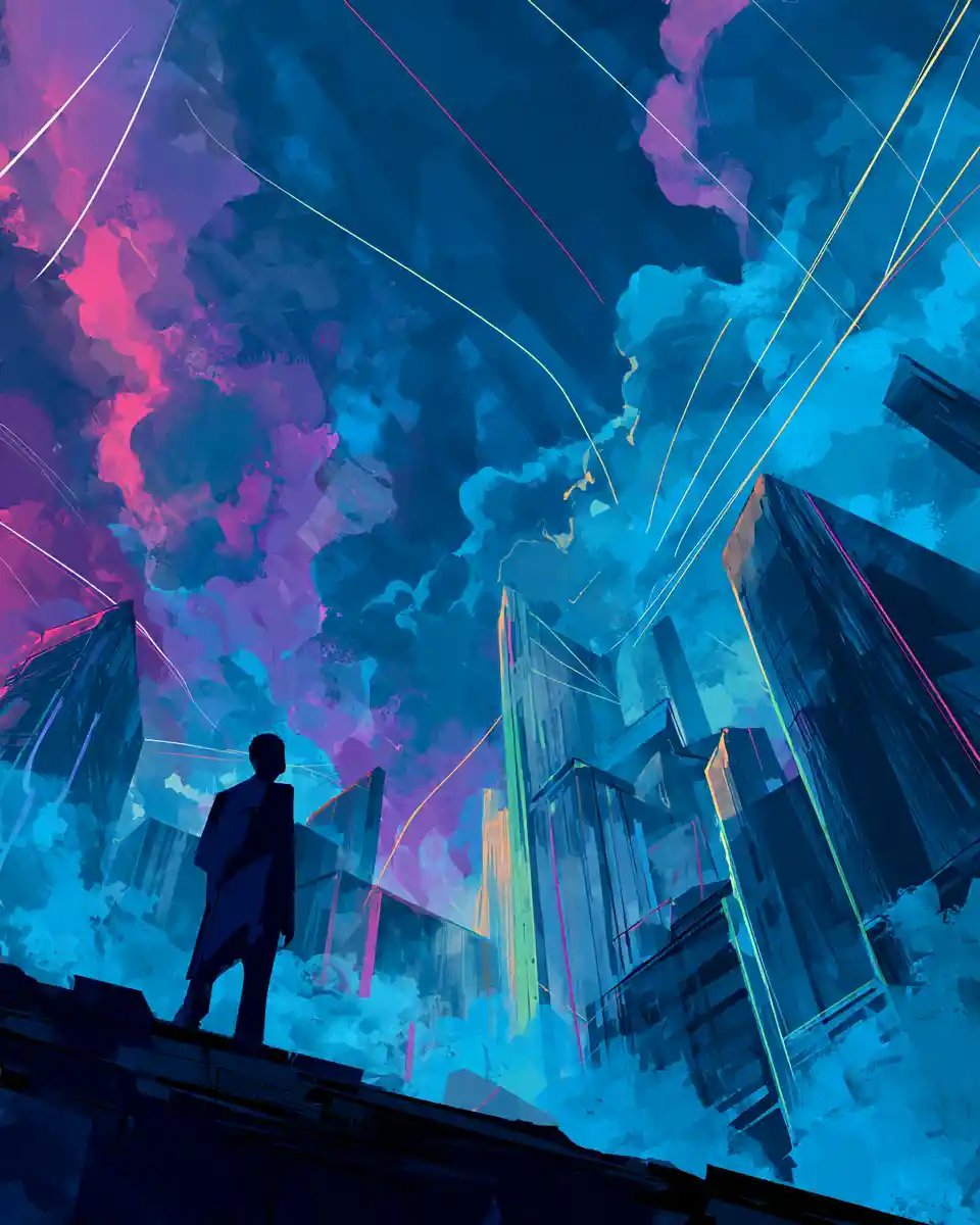 Futuristic neon city skyline with towering skyscrapers