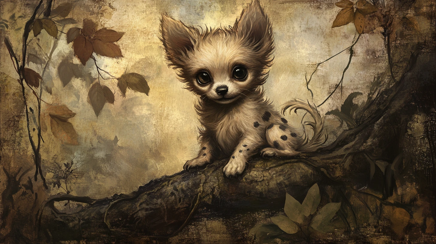 Gothic puppy on gnarled tree root in dreamy forest