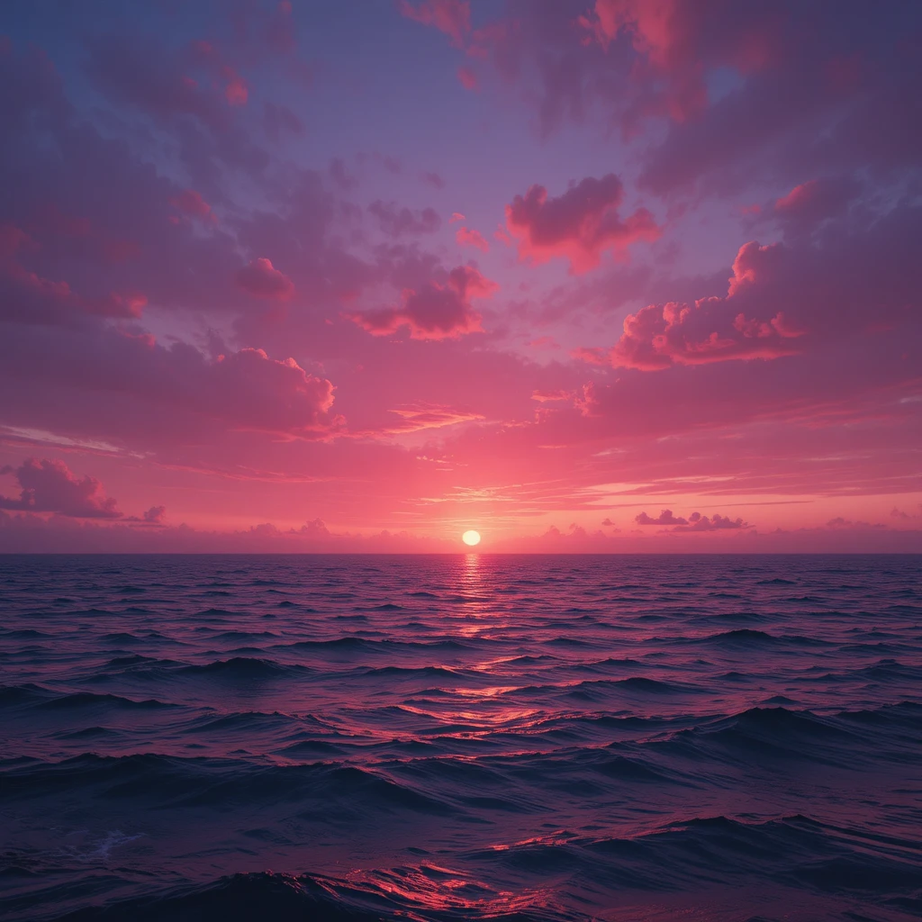 Cinematic sunset sky over a tranquil open ocean horizon