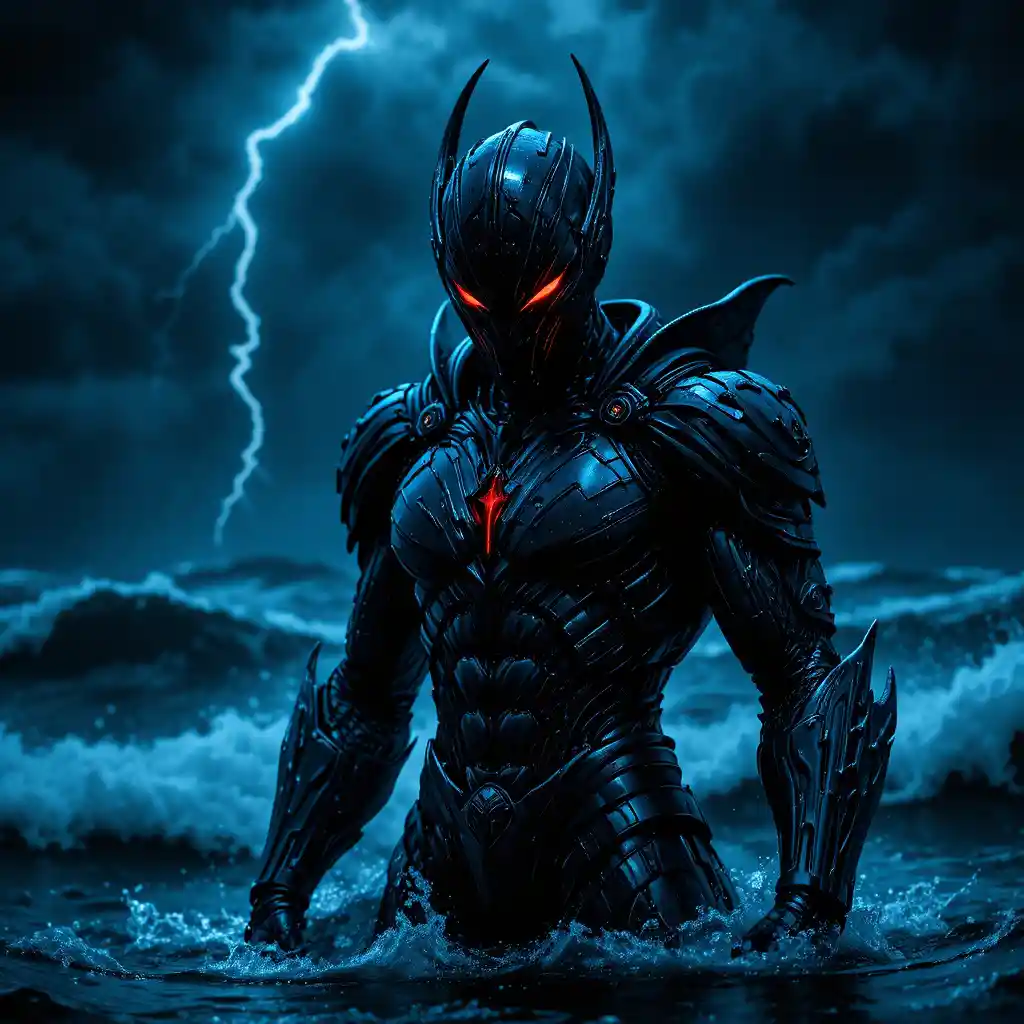 Armored villain stands in stormy ocean at night