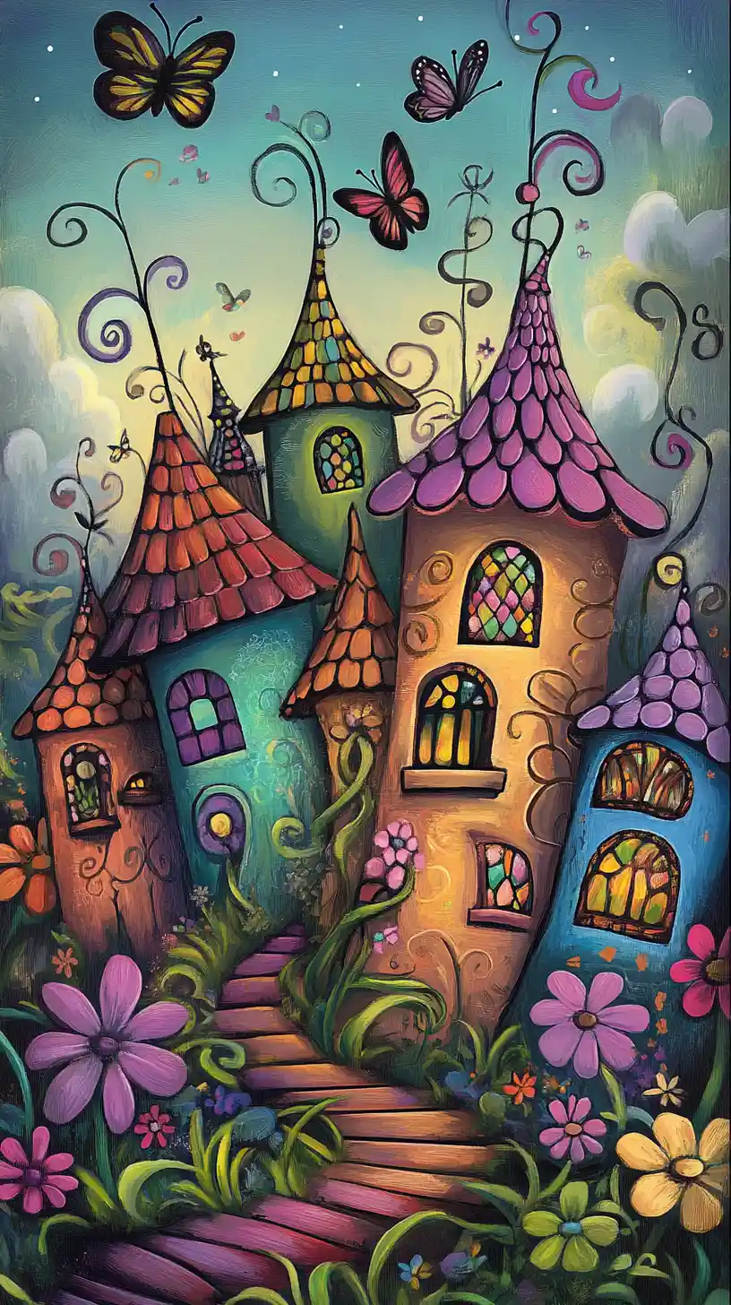 Whimsical folk houses amid oversized flowers and butterflies