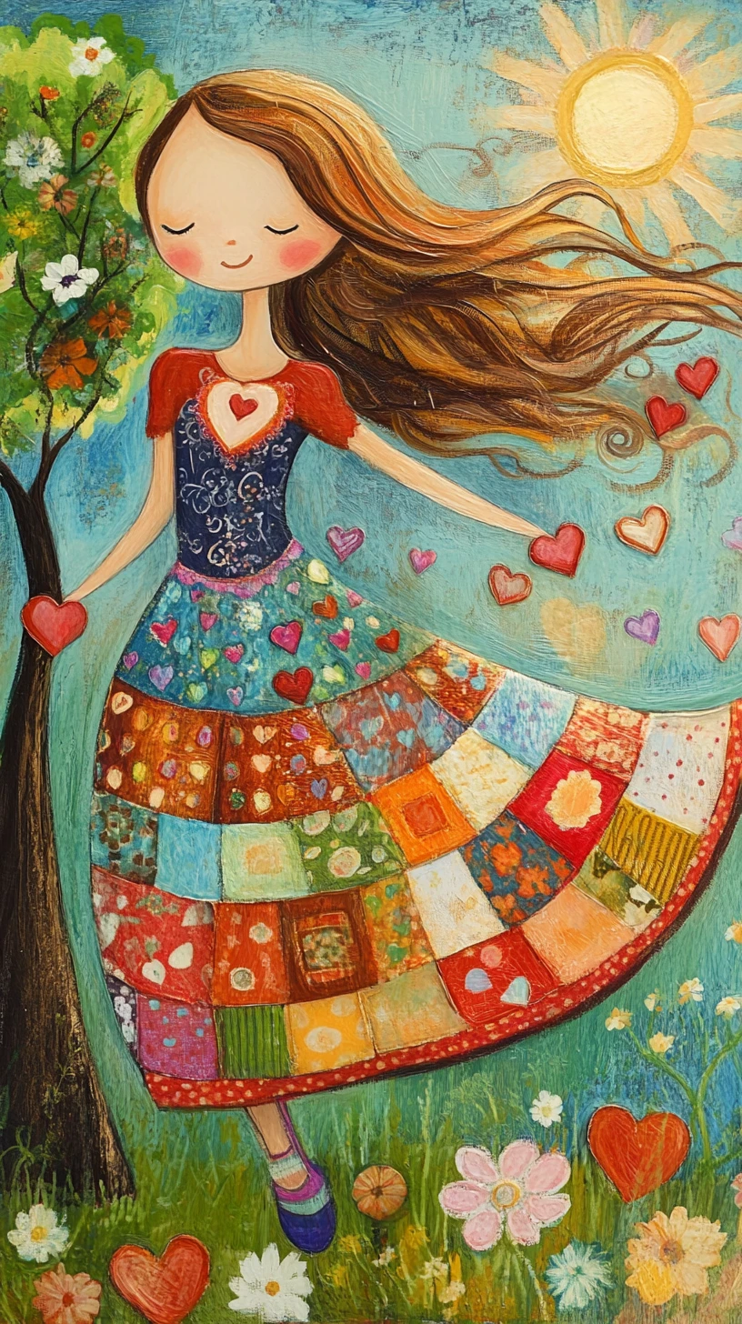 Niña girando con vestido de corazones en un jardín soleado