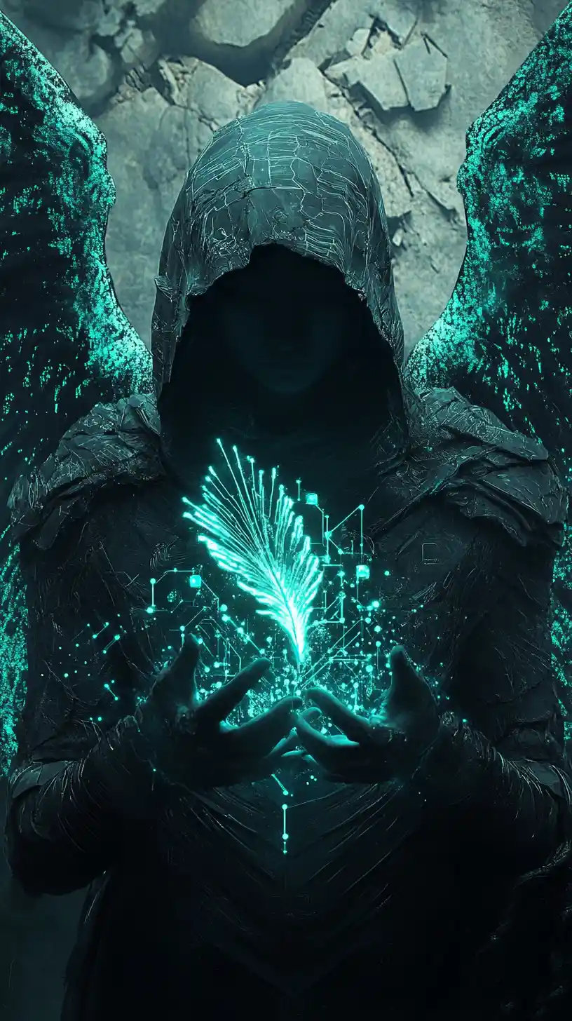 Hooded angel with fractured wings in dark cyber mystic scene
