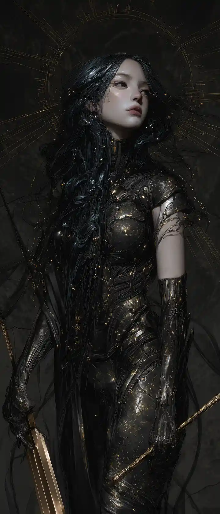 Melancholic cyborg woman with glowing sword and shield