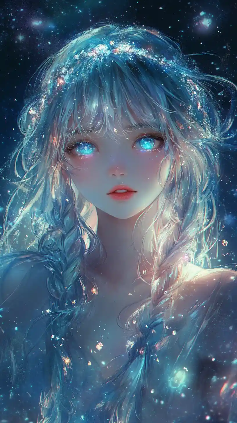 Anime girl with silver halo braid in starry sky