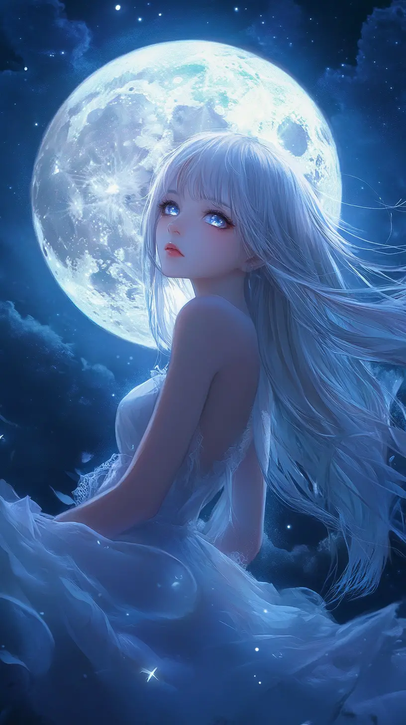 Anime girl under glowing full moon with silver hair