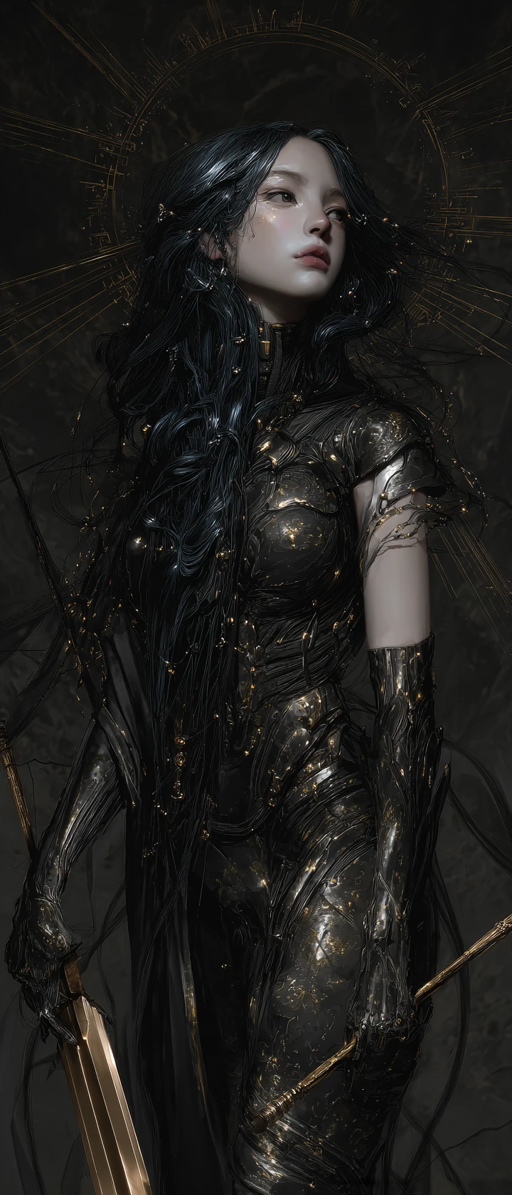 Melancholic cyborg woman with glowing sword and shield