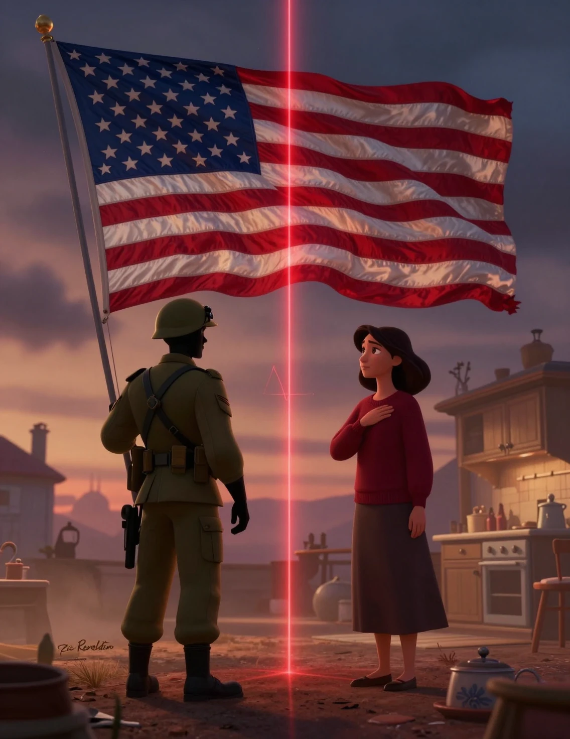 Soldier At Dawn Mirrored With Woman In Sunlit Kitchen
