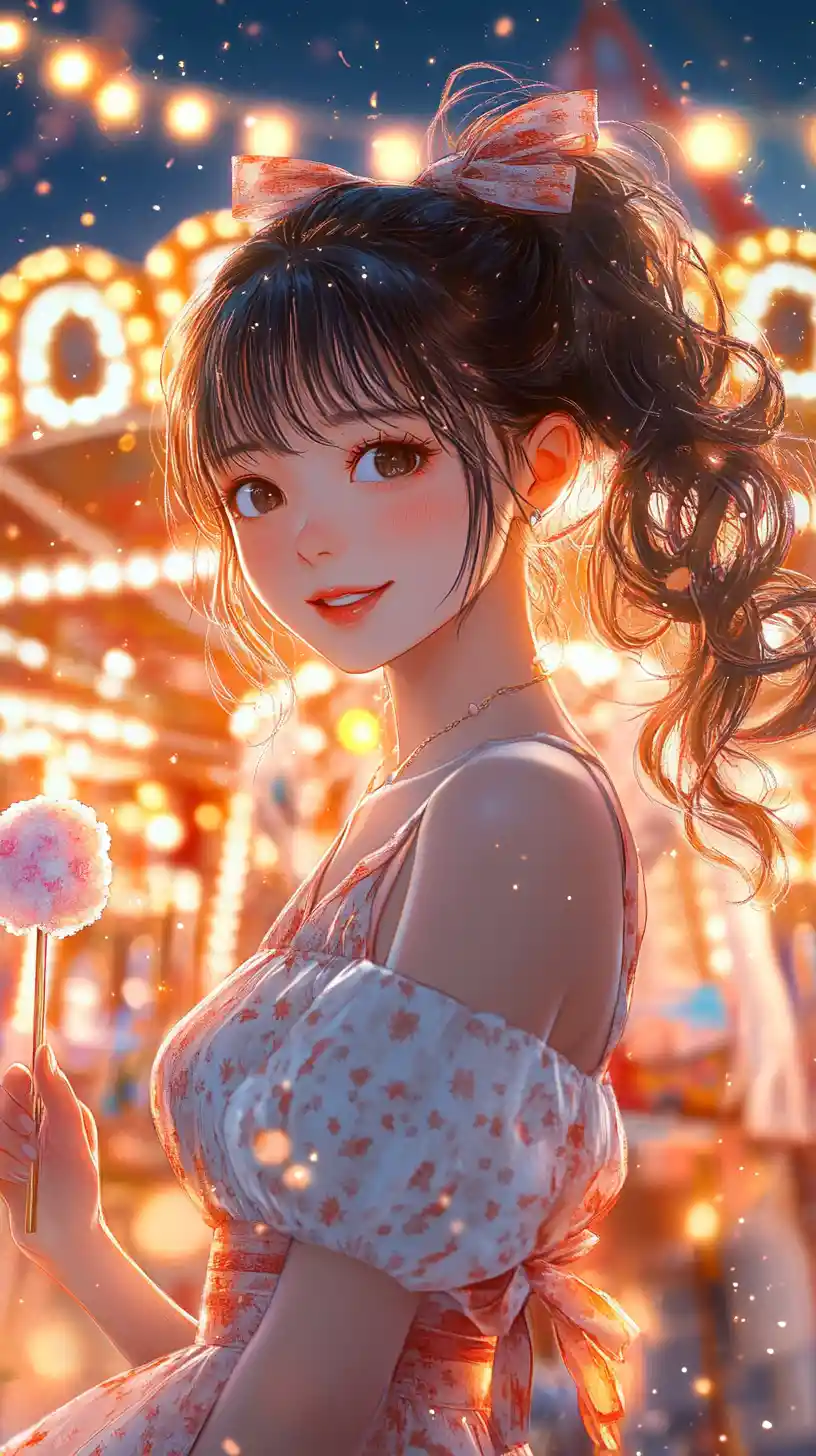 Anime girl with glowing cotton candy at dreamlike carnival