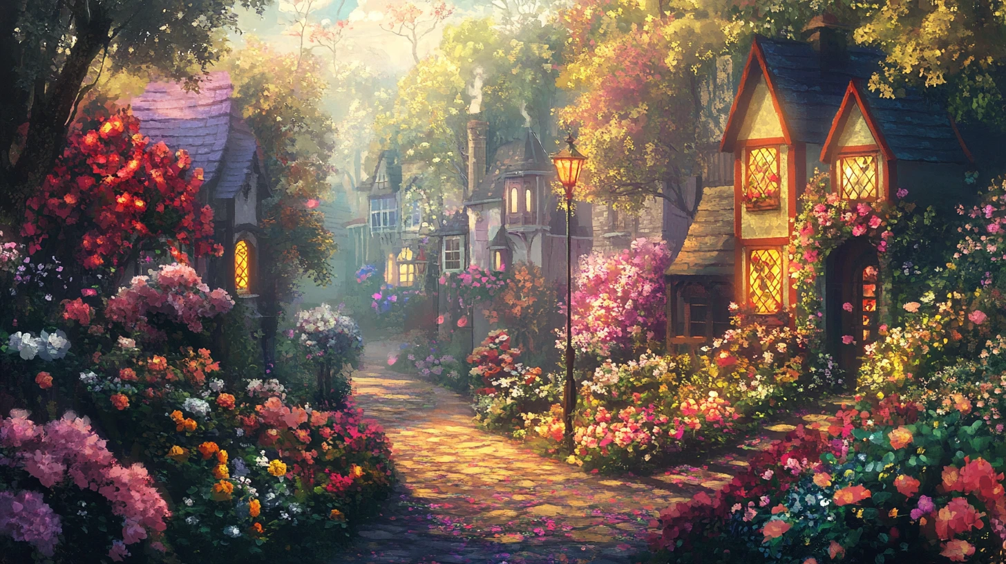 Whimsical floral village with lush pastel fantasy gardens