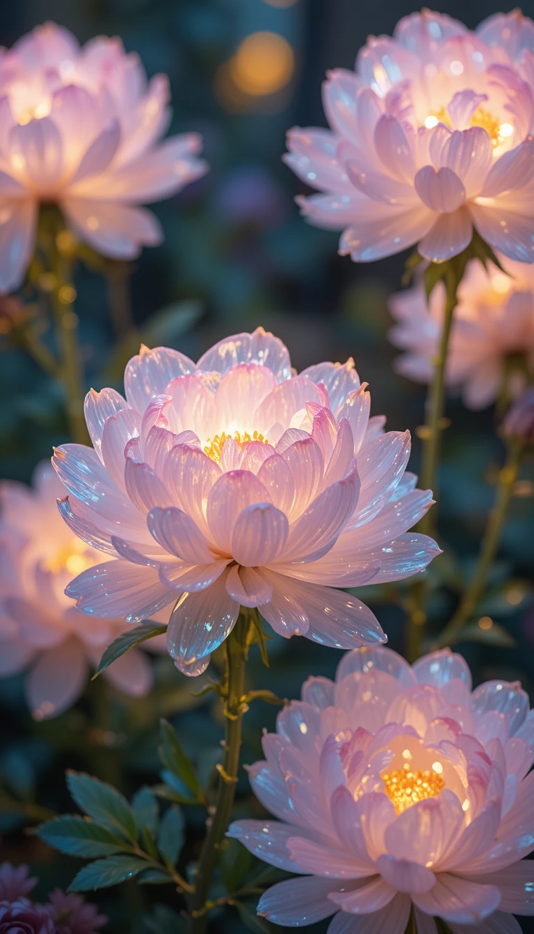 Luminous glass peony sculpture in a joyful abstract background