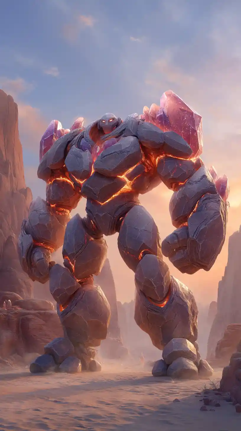 Ruby crystal golem guarding a desert canyon at sunset