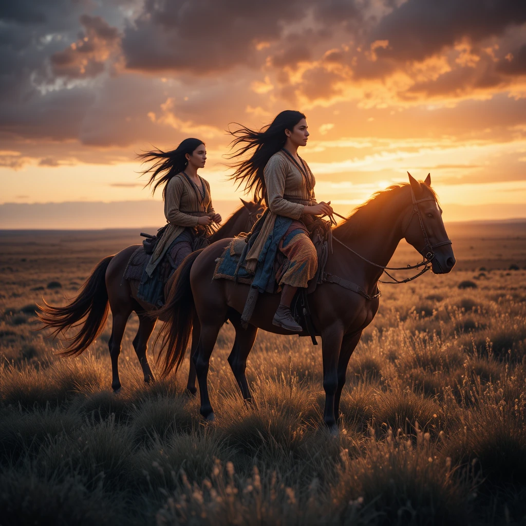 Native American women on horseback in windy Wyoming sunset