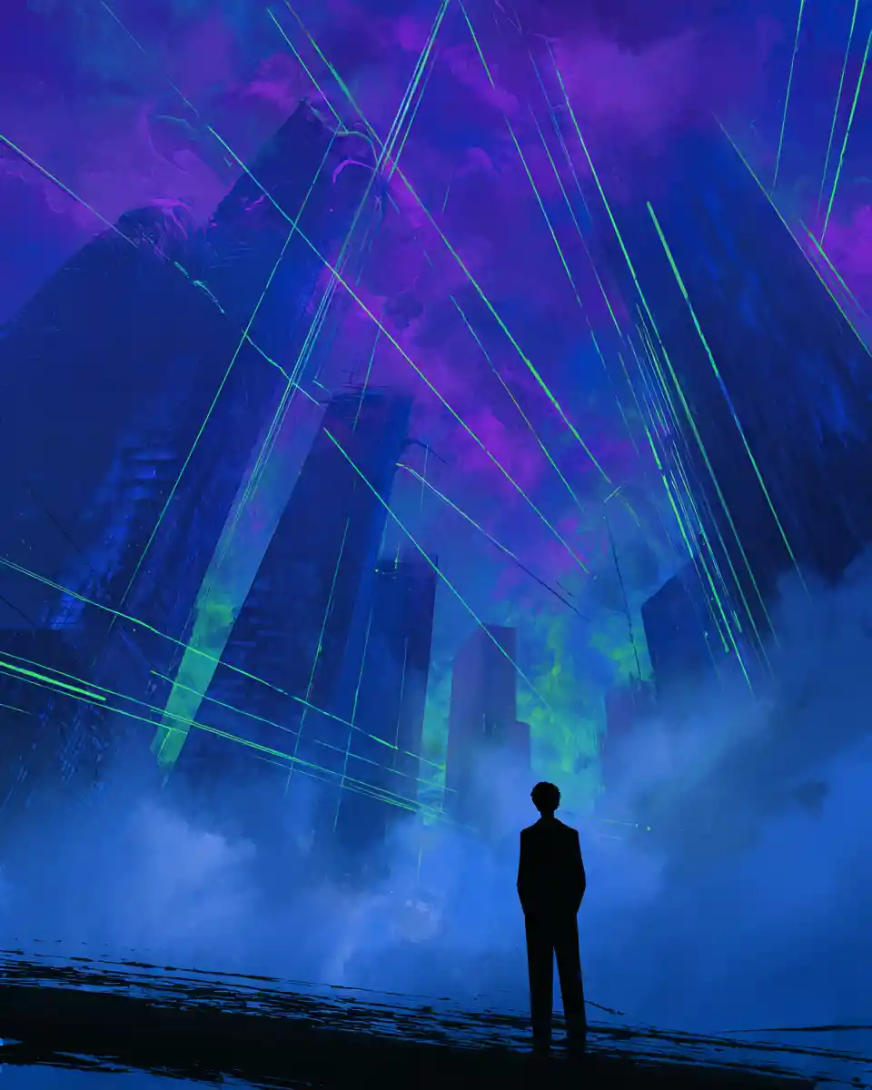 Futuristische Neon-Stadtlandschaft mit kosmischen Wolkenkratzern