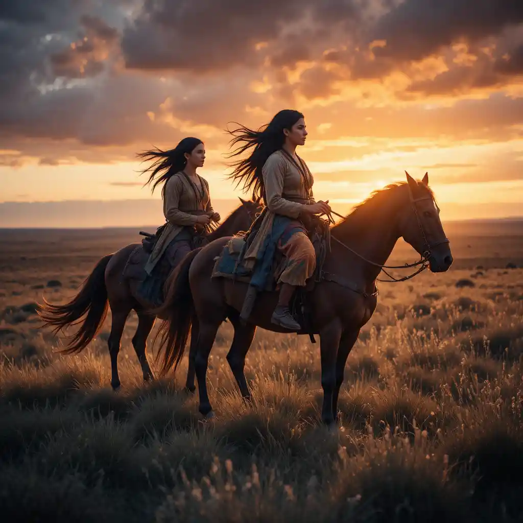 Native American women on horseback in windy Wyoming sunset