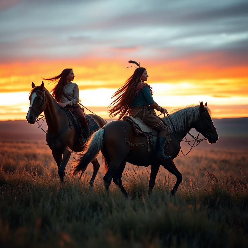 Two Native American women on horseback in windy Wyoming sunset