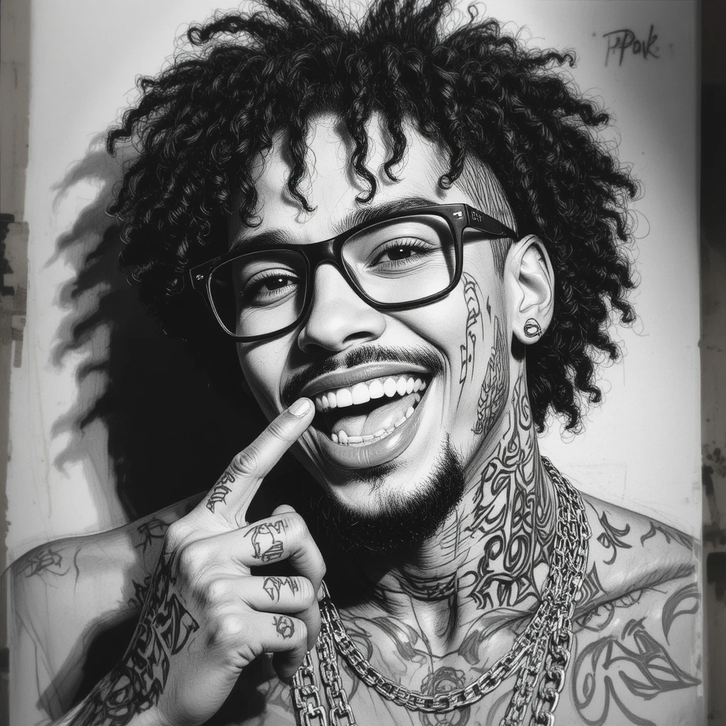 Pencil portrait of a smiling man with glasses and tattoos