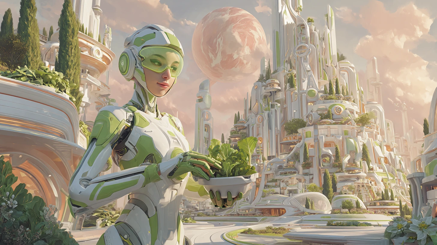 Futuristic botanist in a floating city vertical garden