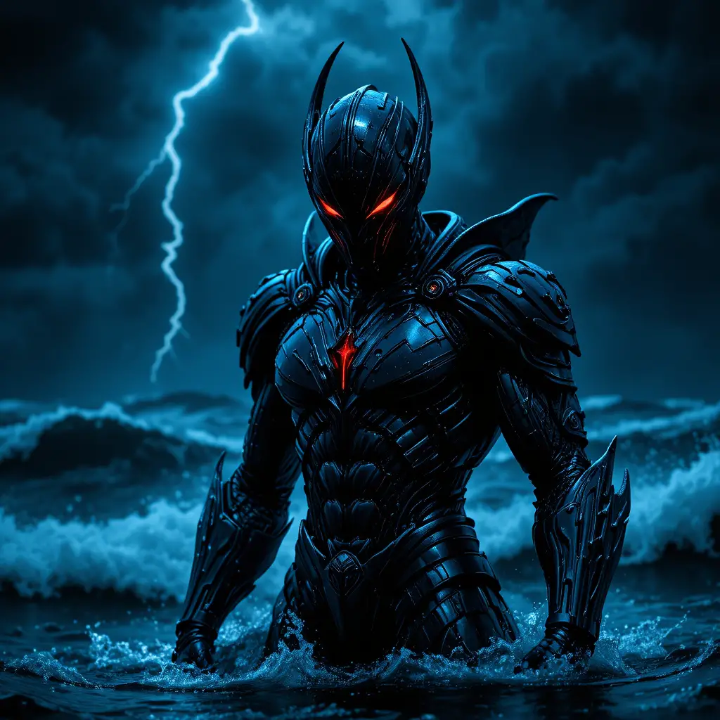 Armored villain stands in stormy ocean at night
