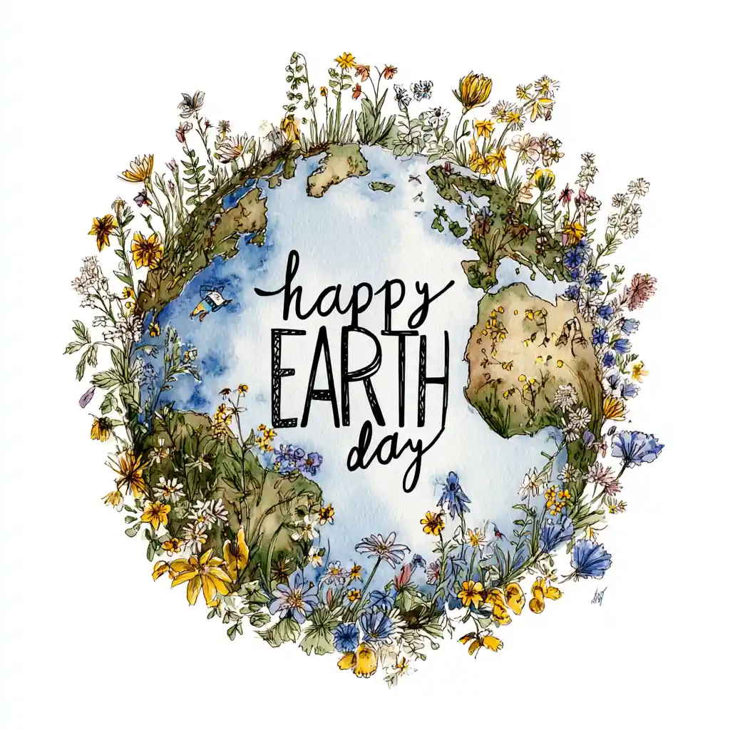 Loose watercolor wildflower world with happy earth day text